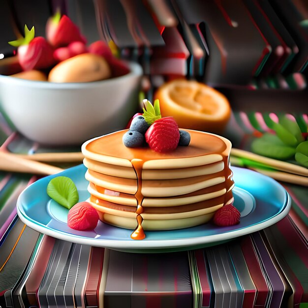 Ein Teller Pfannkuchen mit Beeren und eine Obstschale im Hintergrund.