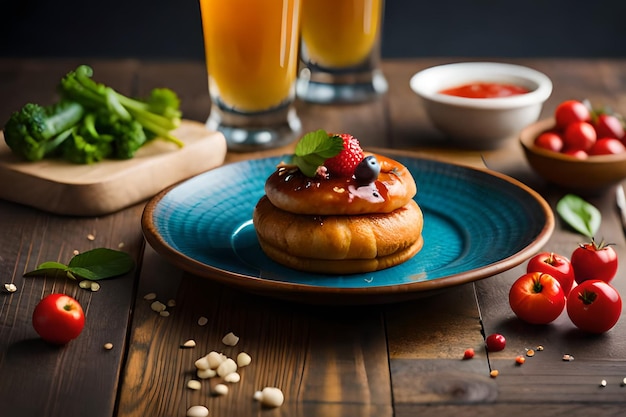 Ein Teller Pfannkuchen mit einem blauen Teller mit einer Tasse Saft und einem Glas Orangensaft.