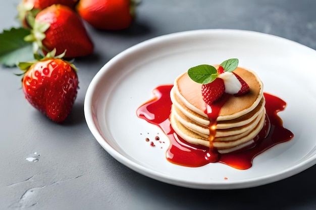 Ein Teller Pfannkuchen mit einer Erdbeere darauf