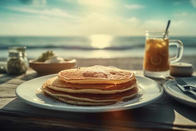 Ein Teller Pfannkuchen mit einer Tasse Kaffee am Strand.