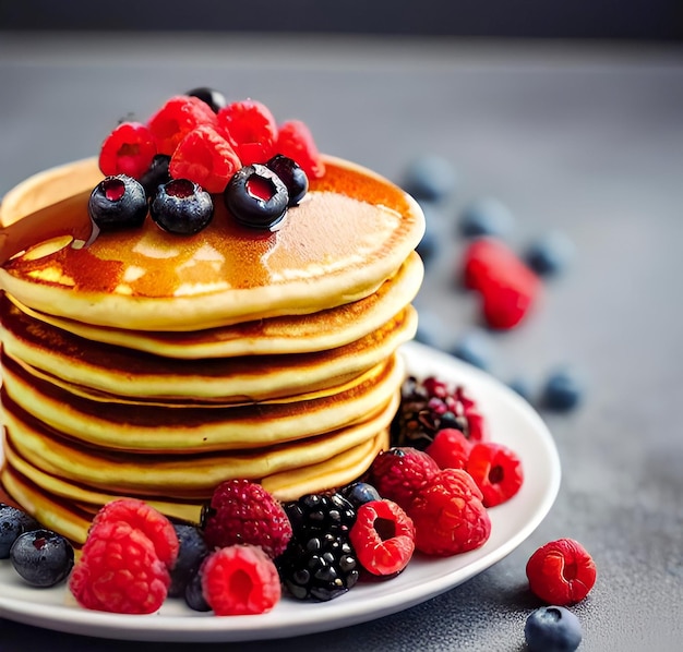 Ein Teller Pfannkuchen mit frischen Beeren und Honig in Nahaufnahme auf grauem Hintergrund. Leckeres Frühstück