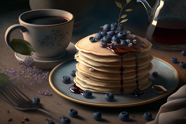 Ein Teller Pfannkuchen mit Heidelbeeren und eine Tasse Kaffee auf dem Tisch.