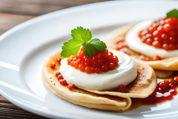 Foto ein teller pfannkuchen mit himbeersauce und minzblatt