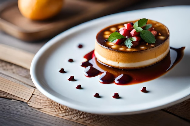 ein Teller Pfannkuchen mit Himbeersauce und Obst darauf