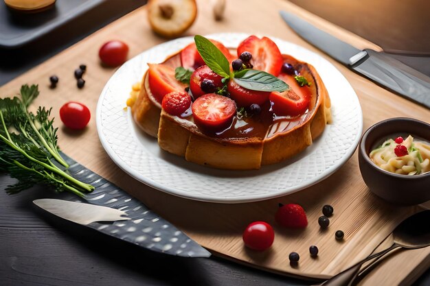 ein Teller Pfannkuchen mit Obst und Gemüse darauf