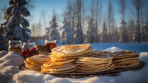 ein Teller Pfannkuchen mit Äpfeln und ein Glas Bier darauf.