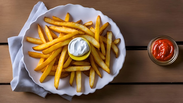 Ein Teller Pommes mit Mayonnaise darauf