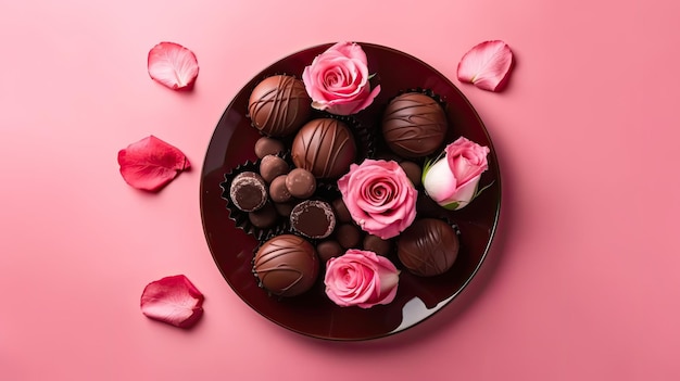 Ein Teller Pralinen mit rosa Rosen auf einem rosa Hintergrund.