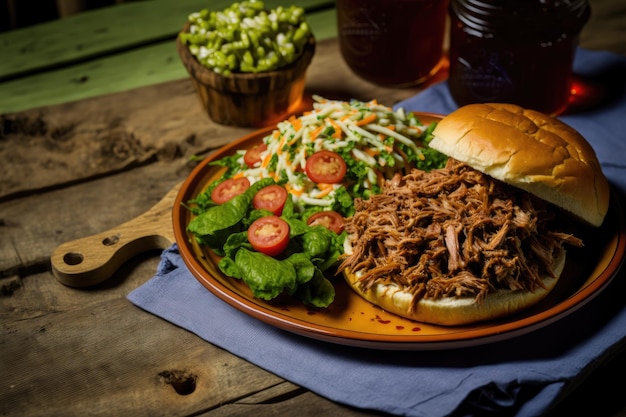 Ein Teller Pulled Pork mit einem Salat darauf