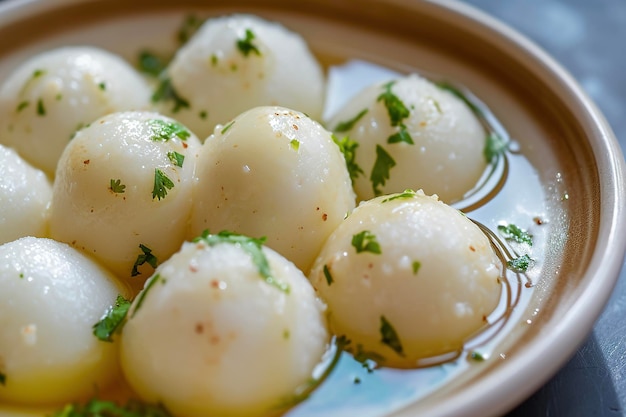 Ein Teller Rasgulla, ein Sirup-Dessert, das auf dem indischen Subkontinent beliebt ist