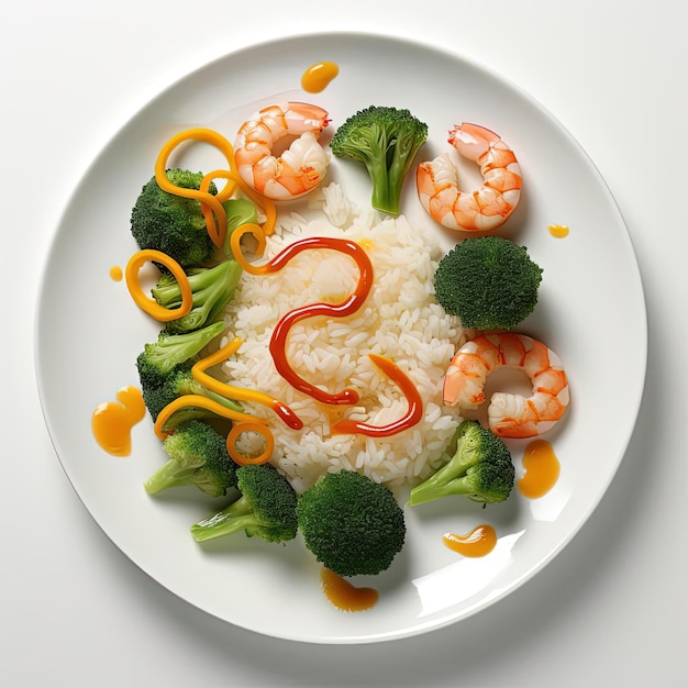 Ein Teller Reis und Brokkoli als Vorspeise mit Garnelen im Stil eines weißen Hintergrunds