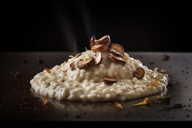 Ein Teller Risotto mit Pilzen darauf.