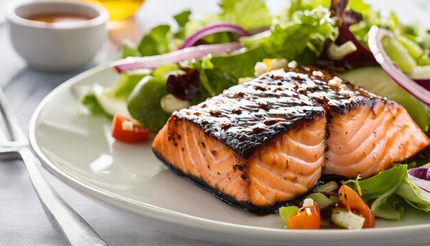 Ein Teller Salat und Fisch mit einer Soße oben