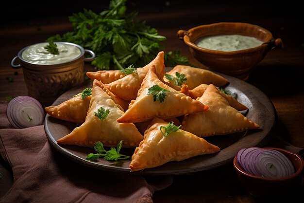 Ein Teller Samosas, der mit einer cremigen Tahini-Sauce serviert wird