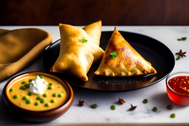 Ein Teller Samosas mit einer Schale cremigem gelbem Curry.