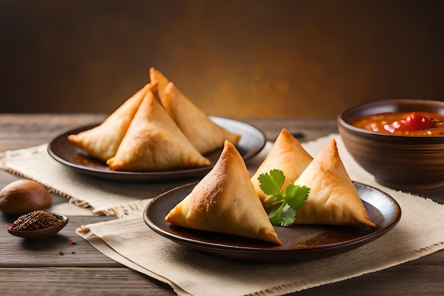 Ein Teller Samosas mit einer Schüssel Tomatensauce an der Seite.