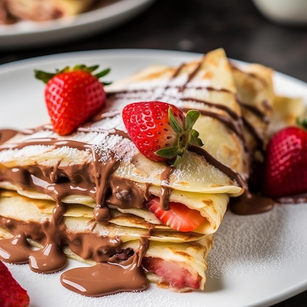 Ein Teller Schokoladen-Crêpes mit Erdbeeren an der Spitze