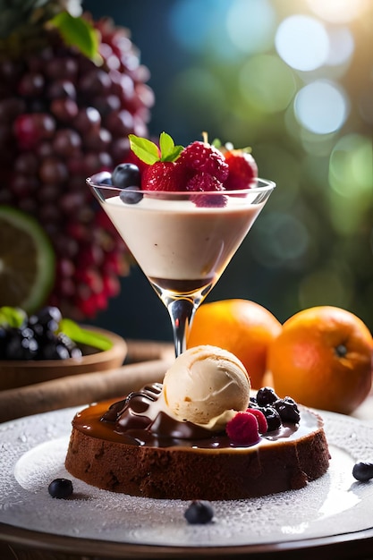 Ein Teller Schokoladenkuchen mit einem Glas Obst auf dem Tisch