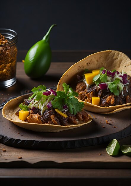 Ein Teller Schweinefleisch-Tacos mit einer Limette als Beilage.