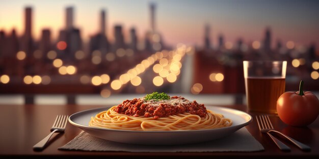 Ein Teller Spaghetti mit Blick auf eine Stadt im Hintergrund.