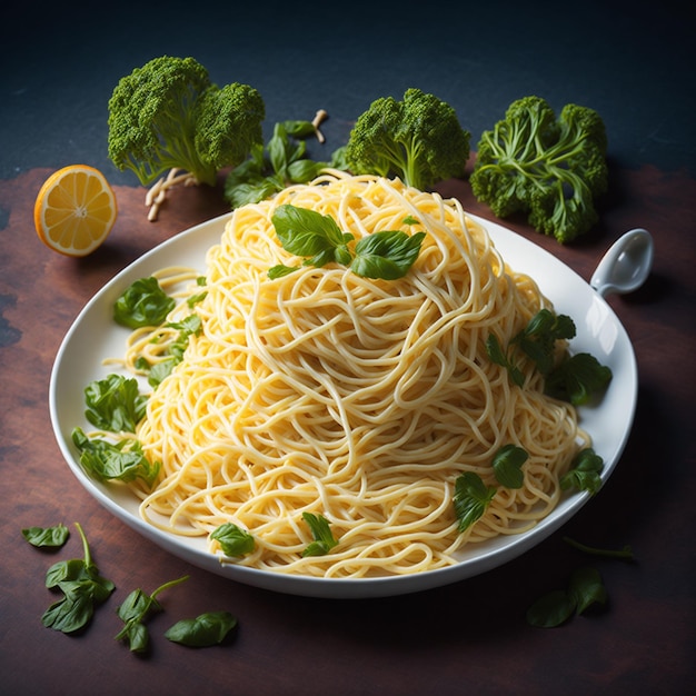 Ein Teller Spaghetti mit einem Bund Brokkoli als Beilage.