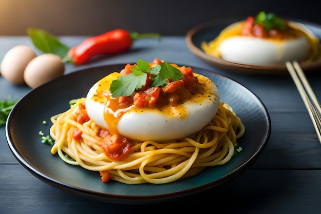 Ein Teller Spaghetti mit einem hartgekochten Ei darauf.