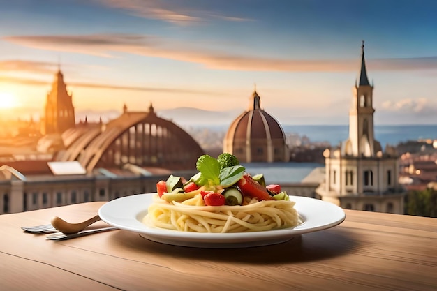 Foto ein teller spaghetti mit einem teller essen auf einem tisch.