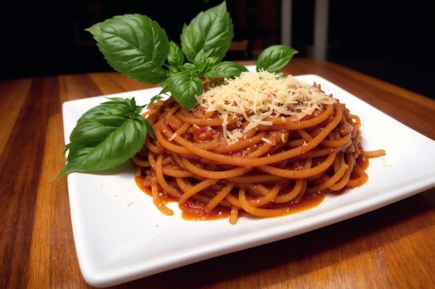 Ein Teller Spaghetti mit einem Zweig Basilikum darauf.