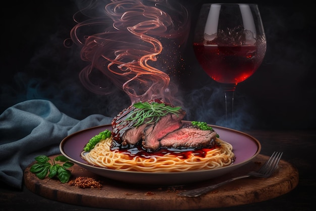 Ein Teller Spaghetti mit einer Flasche Wein im Hintergrund.