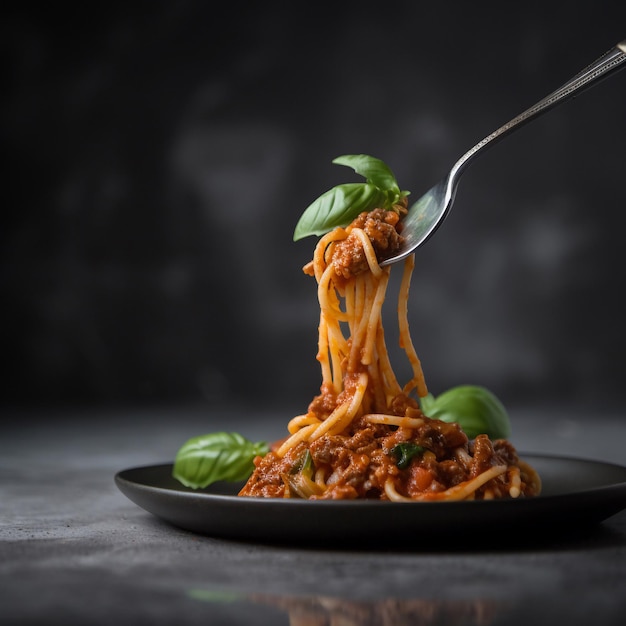 Ein Teller Spaghetti mit einer Gabel, die eine Gabel hineinhebt.