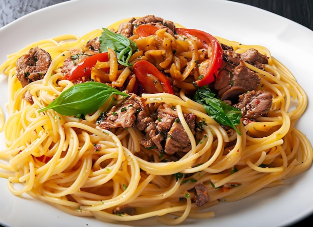 Ein Teller Spaghetti mit Fleisch und Gemüse darauf