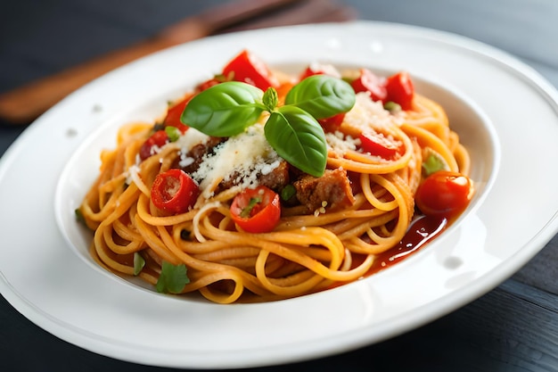 Ein Teller Spaghetti mit Fleisch und Tomatensauce