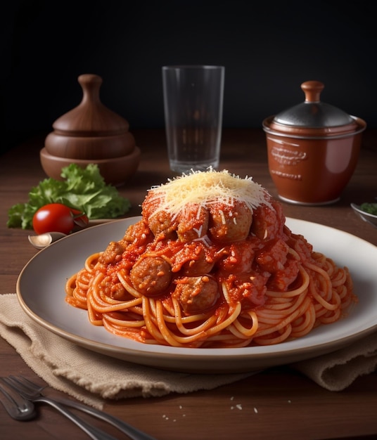 ein Teller Spaghetti mit Fleischkugeln und eine Flasche Wasser.