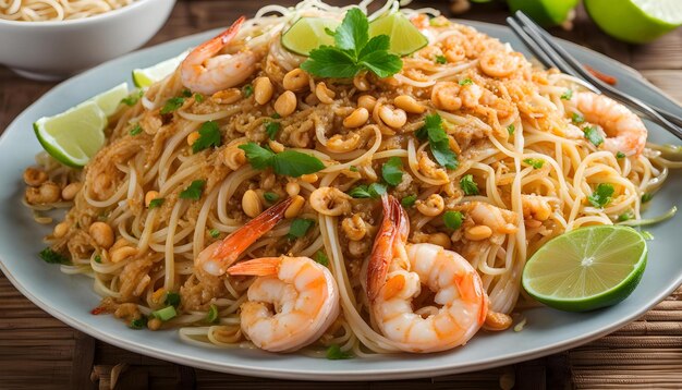 ein Teller Spaghetti mit Garnelen, Garnelen und einer Gabel