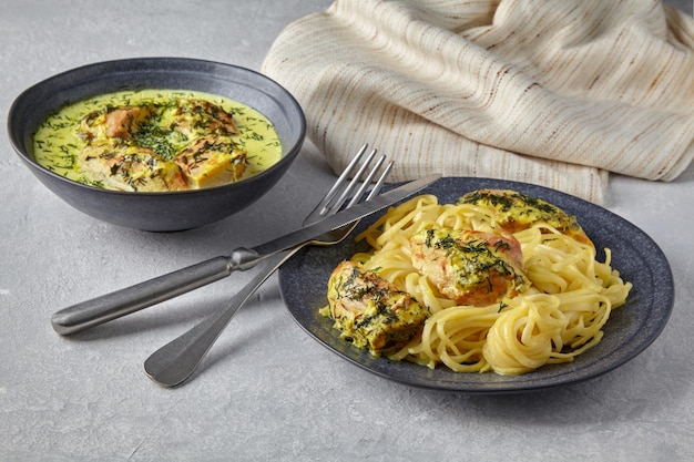 Ein Teller Spaghetti mit gebratenem Hühnchen, gebacken mit Kräutern und Sahnesauce