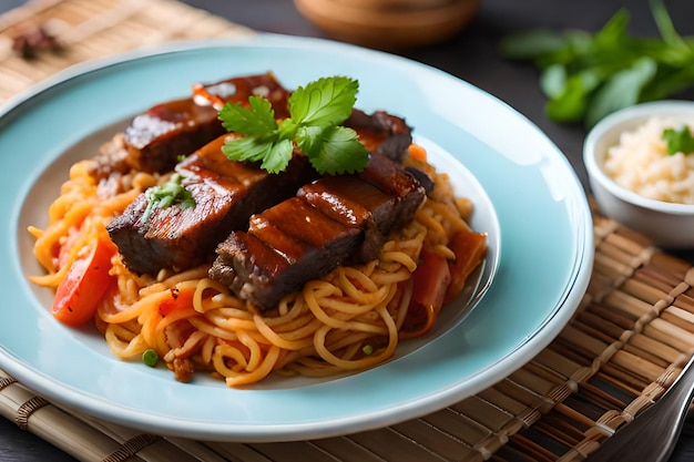 Ein Teller Spaghetti mit Rinderrippchen und einem Zweig Petersilie obendrauf.