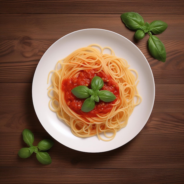 Ein Teller Spaghetti mit roter Soße und Basilikumblättern auf einem Holztisch.