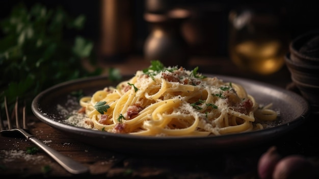 Ein Teller Spaghetti mit Speck darauf