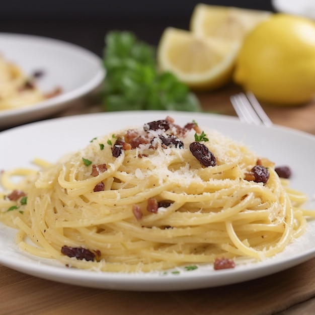 Ein Teller Spaghetti mit Speck und Käse darauf