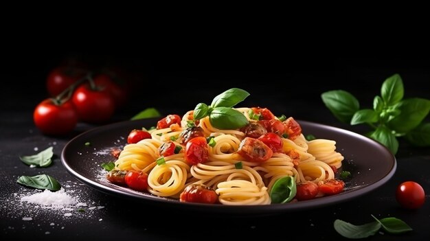 ein Teller Spaghetti mit Speck und Tomaten