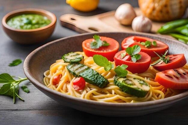 Ein Teller Spaghetti mit Tomaten und Gurken