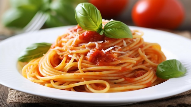 Ein Teller Spaghetti mit Tomatensauce und Basilikumblättern