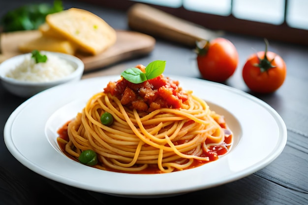 Ein Teller Spaghetti mit Tomatensauce und grünen Erbsen.