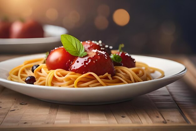 Ein Teller Spaghetti mit Tomatensauce und Tomaten darauf