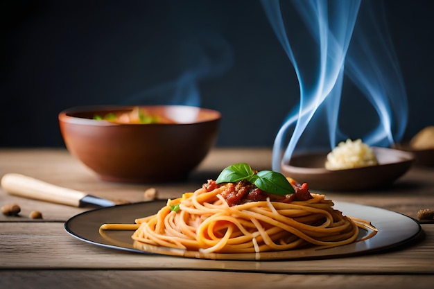 Ein Teller Spaghetti, von dessen Spitze Rauch aufsteigt.