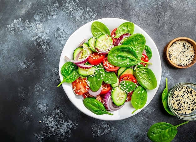 Ein Teller Spinatsalat mit Gurke, Tomate, Gurke und Spinat auf dunklem Hintergrund.