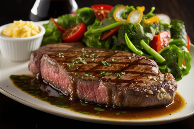 Ein Teller Steak mit einem Salat und einem Salat.