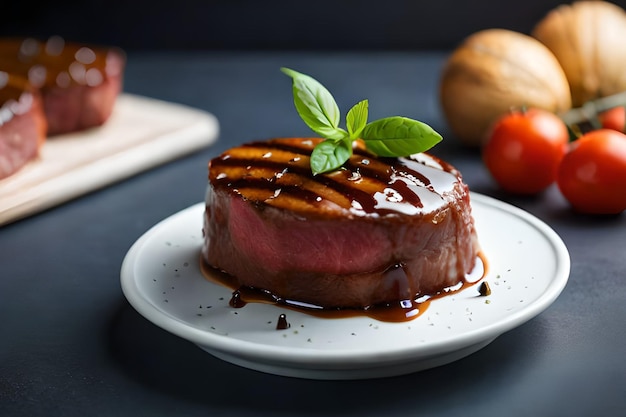 Ein Teller Steak mit einer Soße darauf