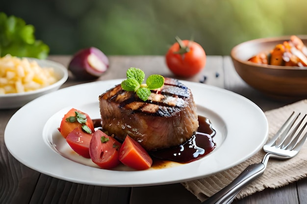 ein Teller Steak mit Gemüse und Obst darauf