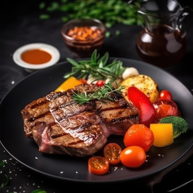 Ein Teller Steak mit Gemüse und Soße auf schwarzem Hintergrund.